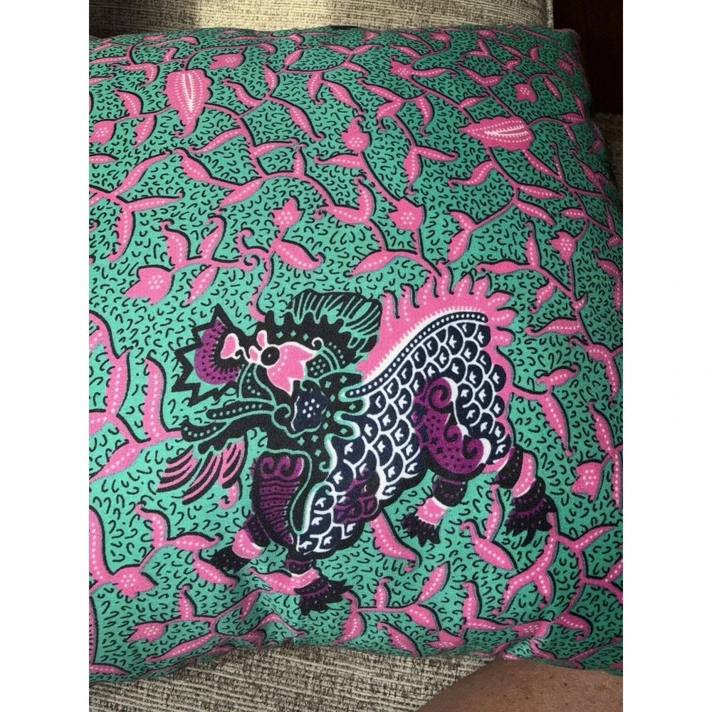 Winged Beasts Design And  Pink And Teal Batik  Square Handmade Pillow 20” X 20”